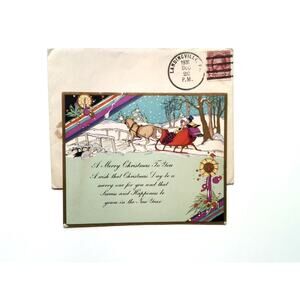 Vintage 1931 Christmas Greeting Card & Envelope Horse Sleigh Scene Colorful